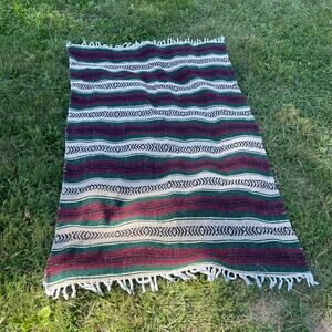 Mexican Woven Serape Blanket Green Burgundy Acrylic Fringe 43x77 Southwestern